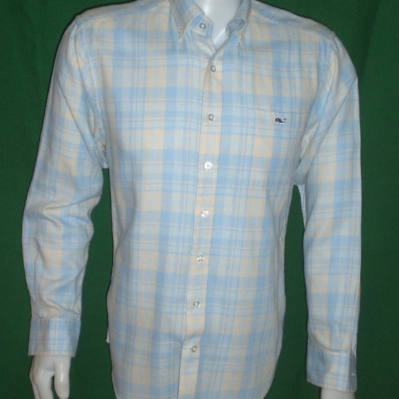 Vineyard Vines Men's Light Blue and Cream Plaid Shirt - Picture 9 of 11
